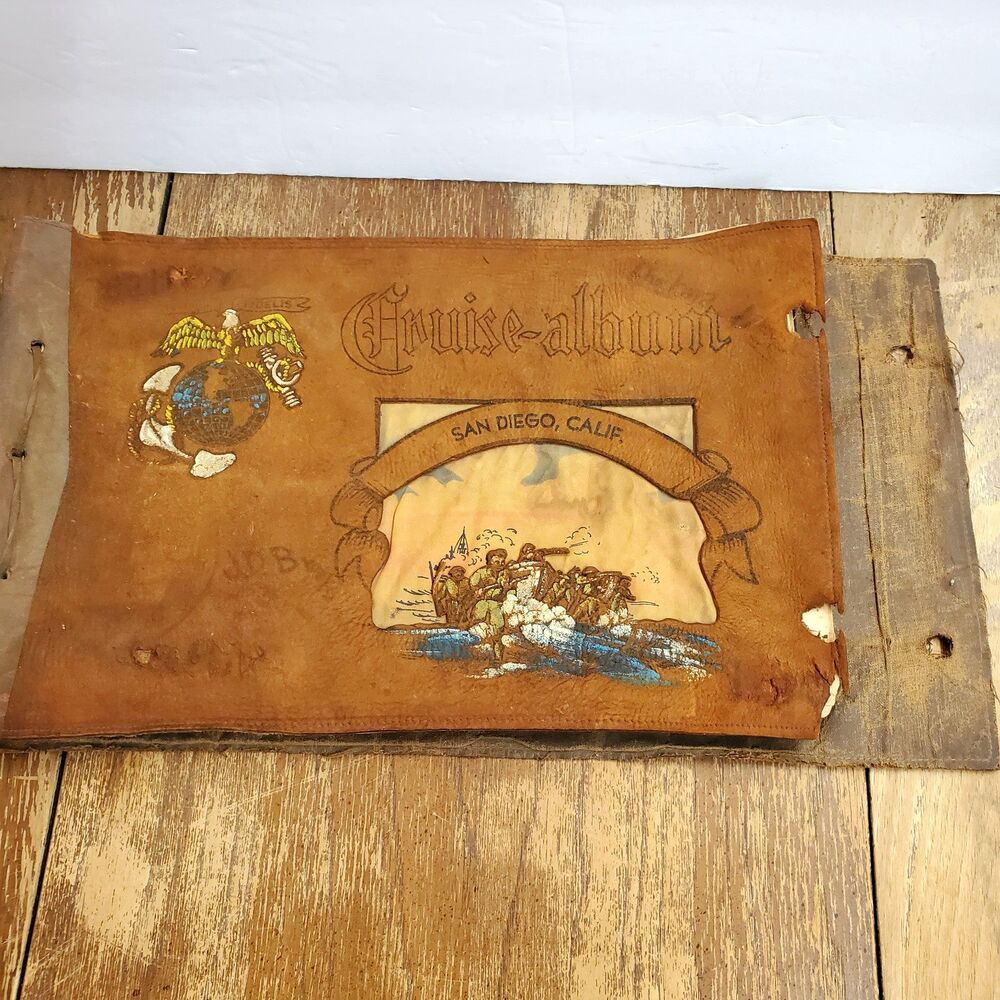WWII USMC Marine Corps Leather Cruise Service Photo Album San Diego CA Vintage
